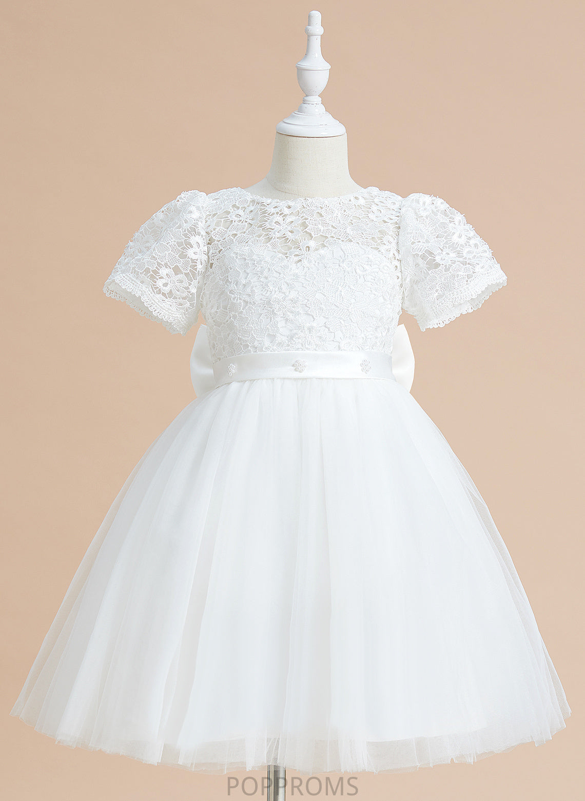 Flower Girl Dresses Short Knee-length Flower Sleeves - A-Line Tulle/Lace Girl Scoop Bow(s) With Dress Lea Neck