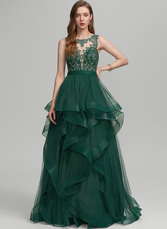 Floor-Length Lace Ruffle Mylie Ball-Gown/Princess Prom Dresses With Tulle Scoop Neck