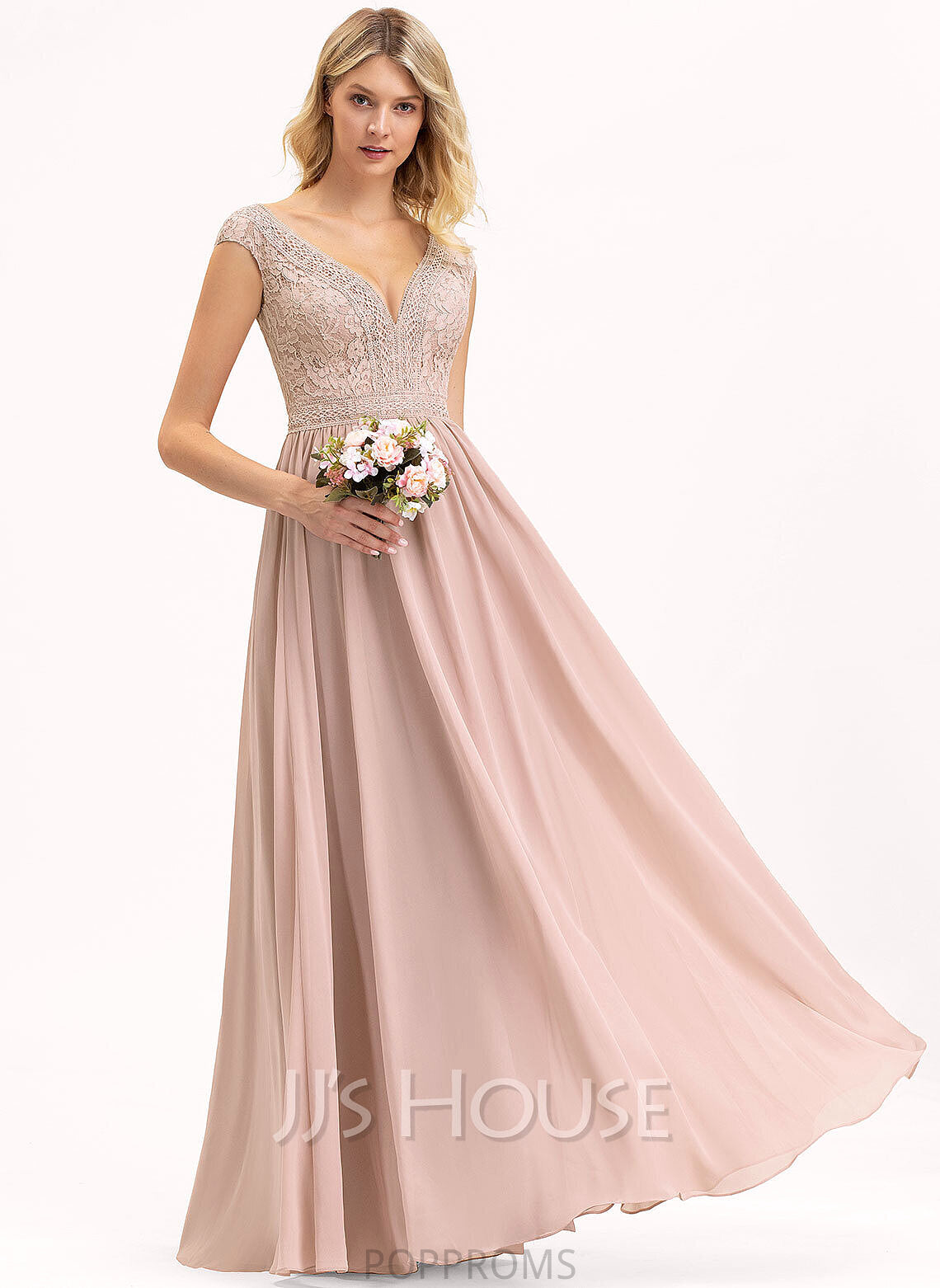 Fabric Floor-Length Length V-neck A-Line Straps Neckline Lace Silhouette Kaylen Natural Waist A-Line/Princess Bridesmaid Dresses