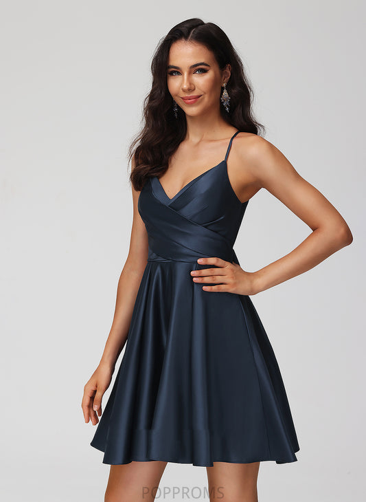 A-Line Pleated With Short/Mini Homecoming Dresses Matilda V-neck Dress Satin Homecoming