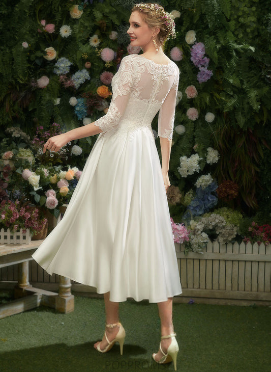 A-Line Wedding Maud Lace Wedding Dresses Tea-Length Illusion Satin Dress