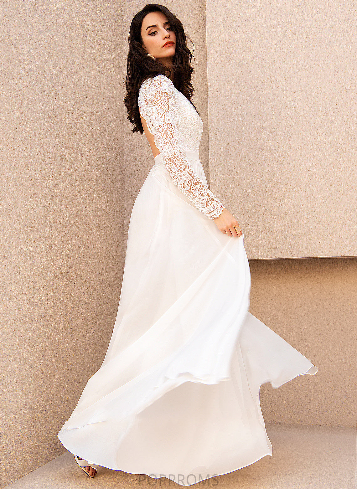 Chiffon A-Line Wedding Lace Wedding Dresses Emmy With V-neck Dress Floor-Length