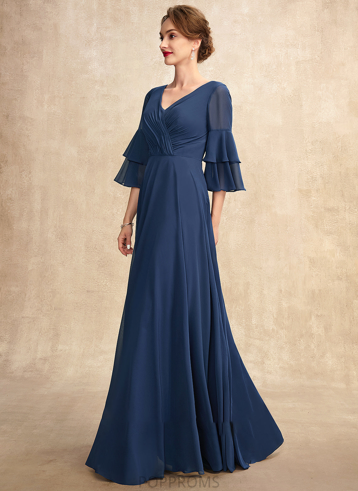 Bride Floor-Length of the With Ruffles V-neck Mother A-Line Chiffon Adriana Mother of the Bride Dresses Dress Cascading