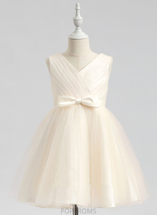 V-neck Knee-length Girl Tulle Flower Girl Dresses Dress A-Line With - Bow(s) Flower Evie Sleeveless