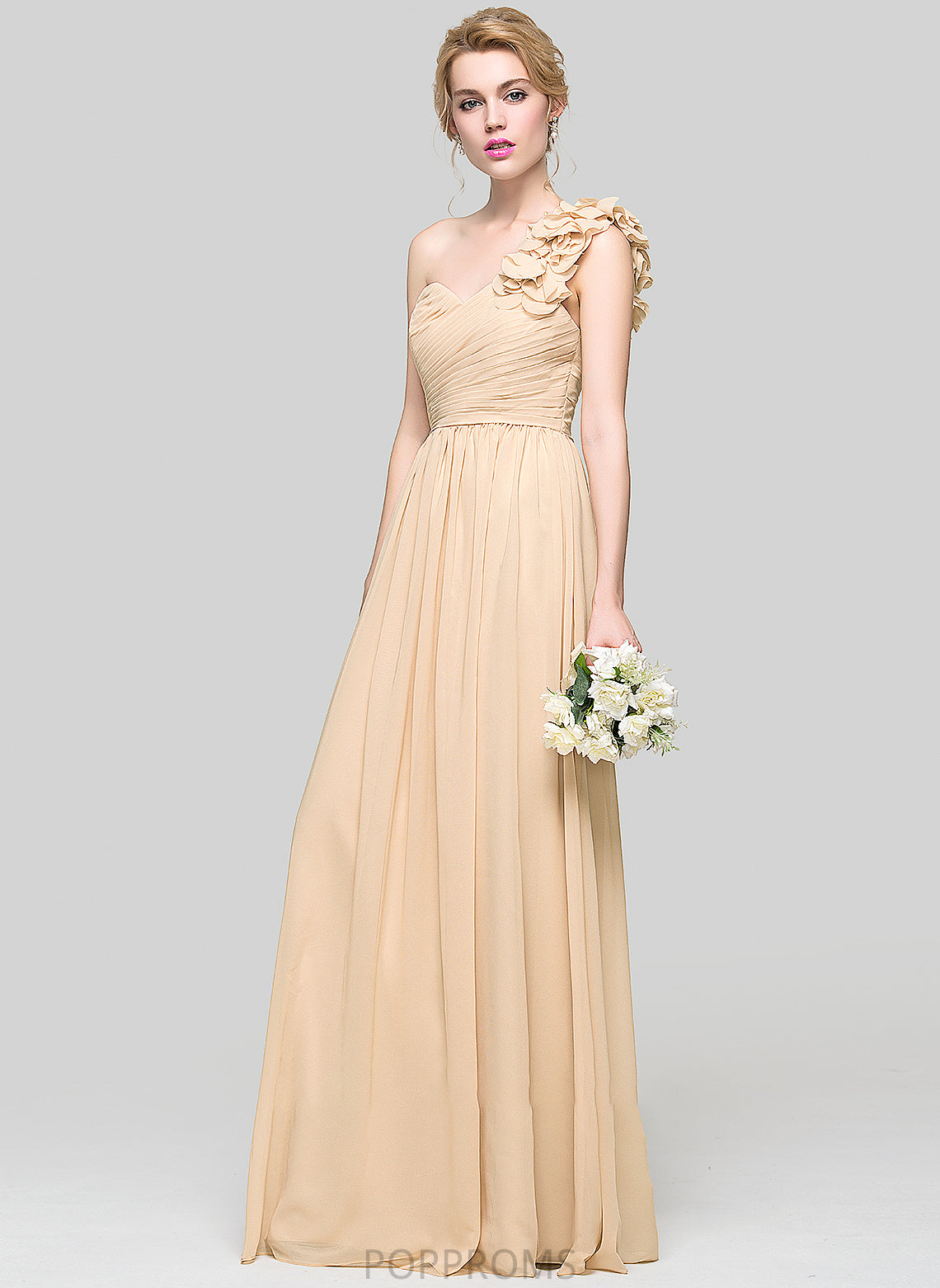 With Prom Dresses Flower(s) Delaney One-Shoulder Floor-Length Chiffon Ruffle A-Line