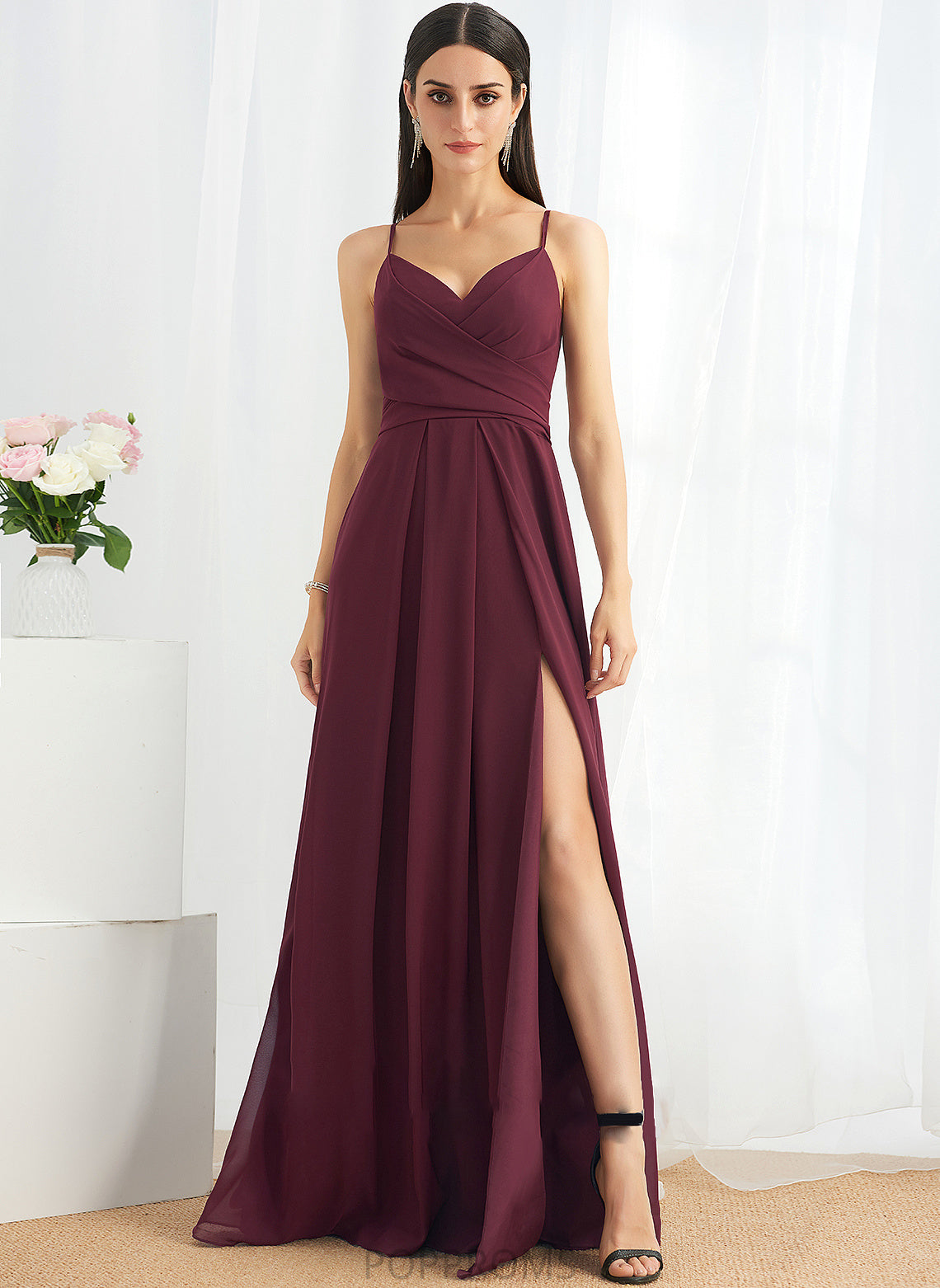 V-neck Silhouette A-Line Embellishment Ruffle Fabric Floor-Length Neckline SplitFront Length Kailee Empire Waist Bridesmaid Dresses