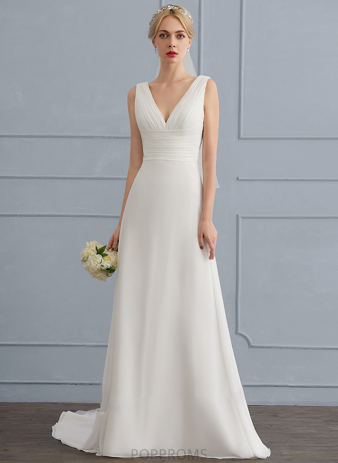 With Train Sweep Dress Ruffle Chiffon Wedding Wedding Dresses V-neck A-Line Ingrid