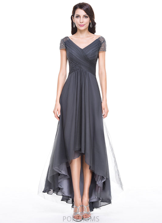 Asymmetrical A-Line of Dress Mother of the Bride Dresses Ruffle the Beading With Jaiden Tulle Bride Mother V-neck Sequins