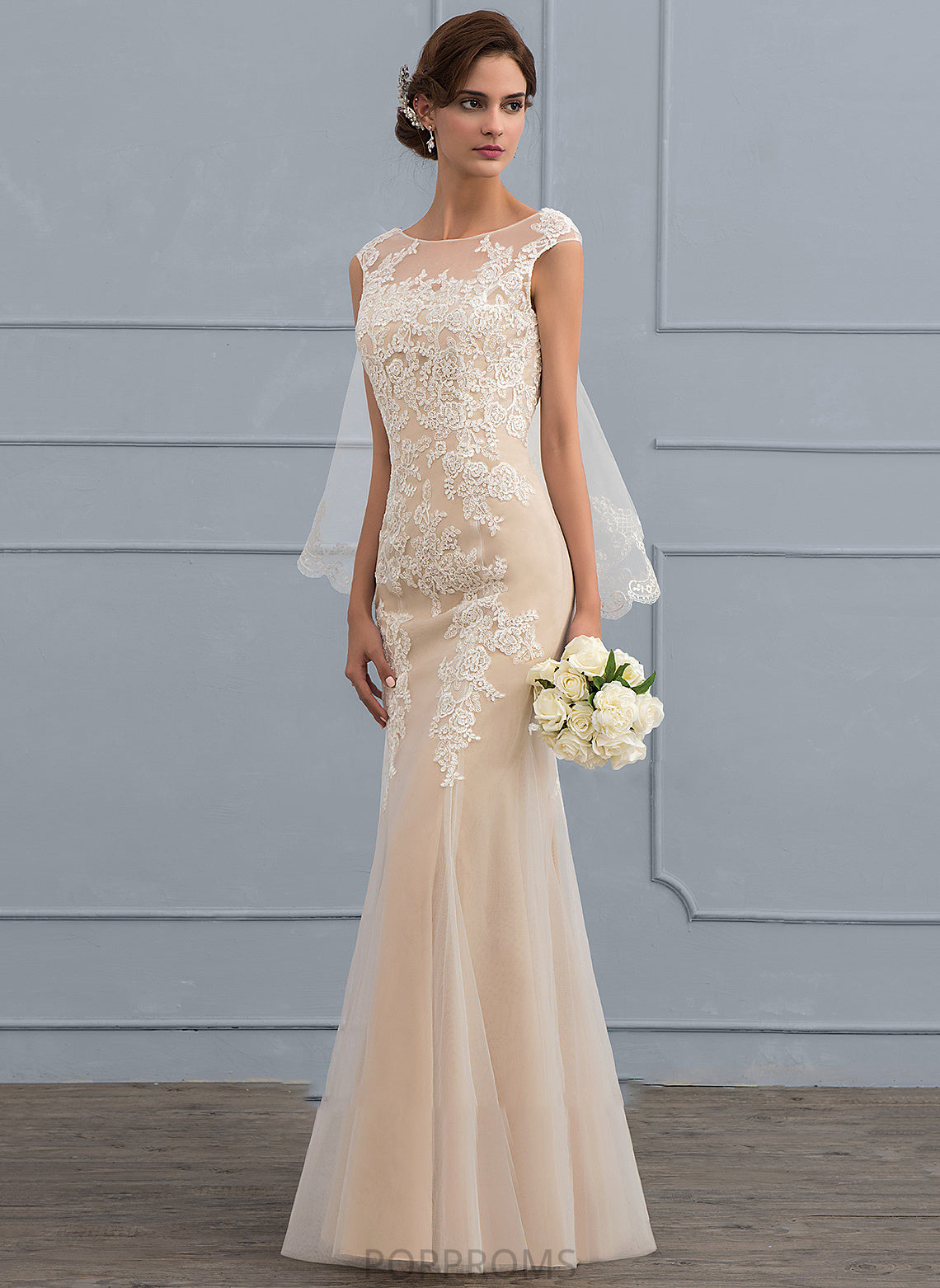 Wedding Dresses Floor-Length Abbigail Trumpet/Mermaid Scoop Tulle Wedding Dress Lace Neck