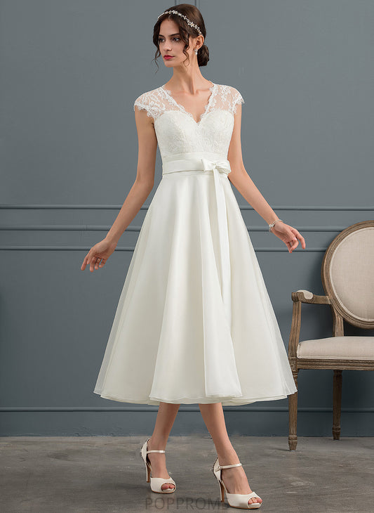 Wedding Dresses A-Line Bow(s) Tea-Length Dress Kathy With Satin Wedding V-neck