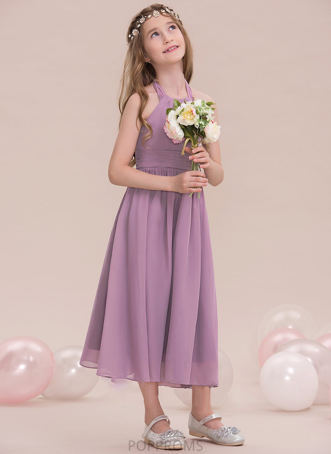 With Tea-Length Clare Ruffle Halter Junior Bridesmaid Dresses Chiffon A-Line