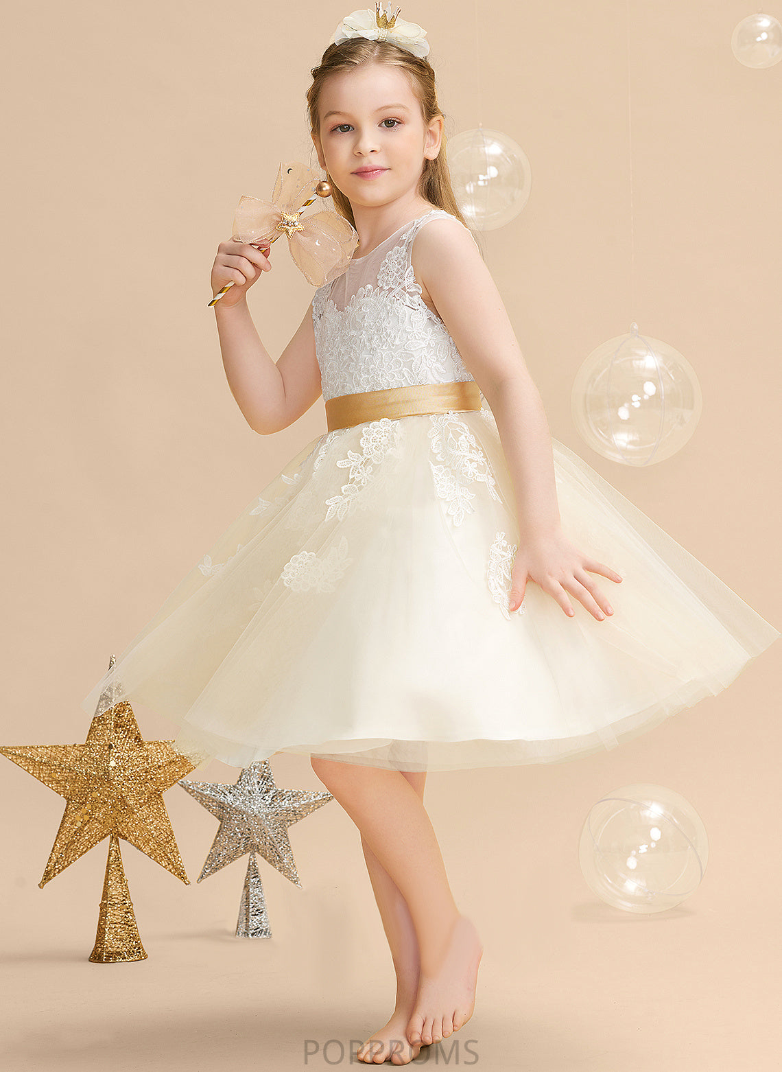 A-Line Knee-length - Scoop Neck Flower Back Appliques/V Girl Dress Laylah Satin/Tulle/Lace Flower Girl Dresses With Sleeveless