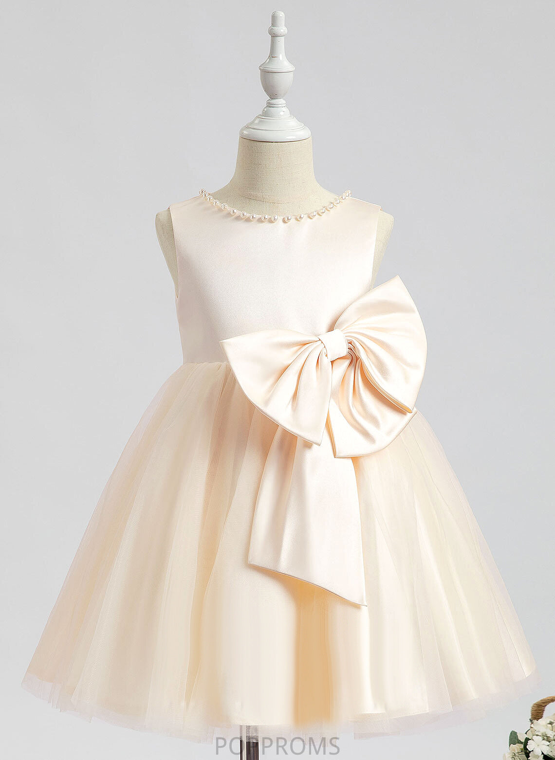 Scalloped With Sleeveless Flower Girl Dresses Satin Knee-length Lainey - Dress Neck Girl A-Line Beading/Bow(s) Flower