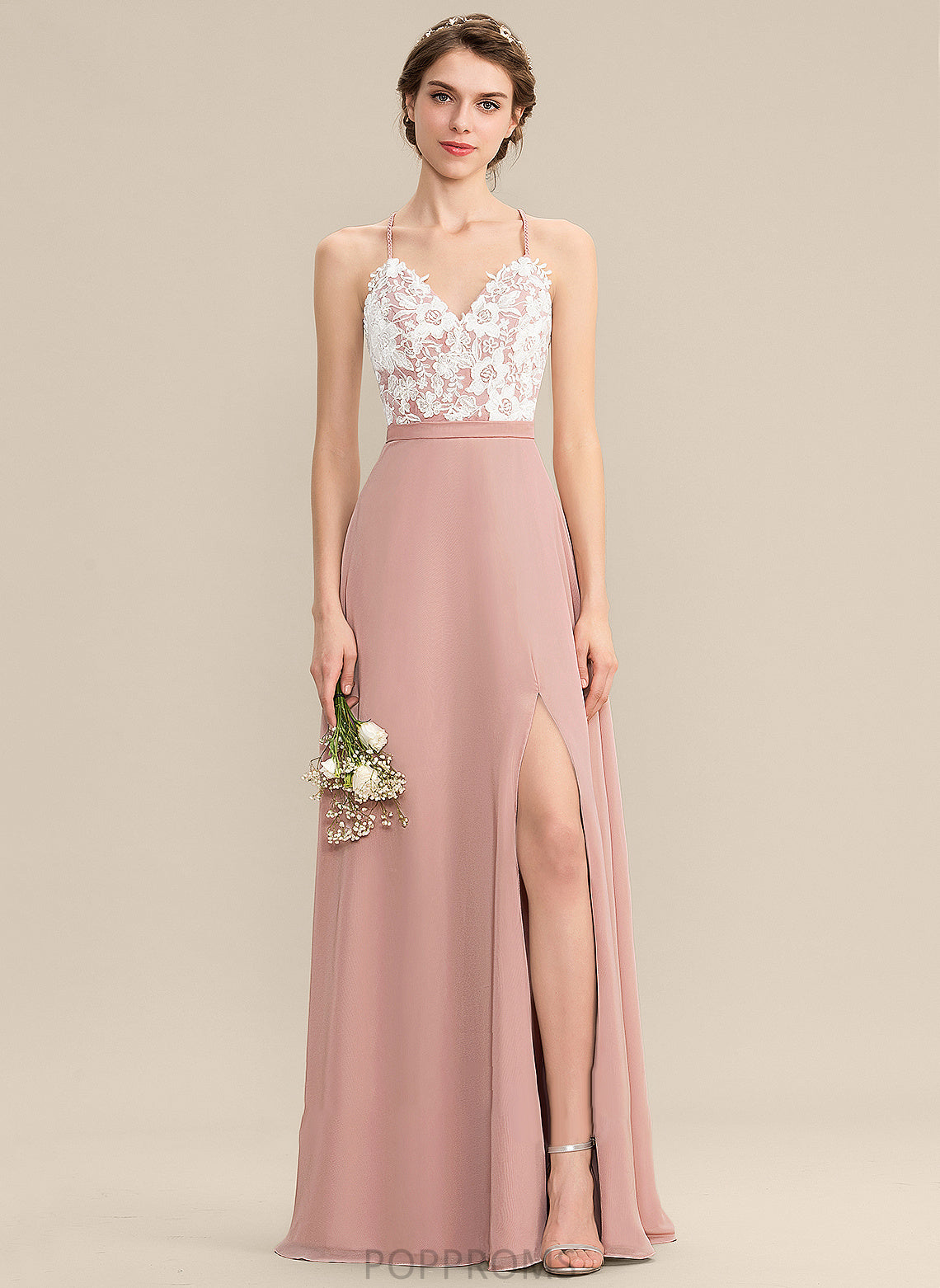 Chiffon With Floor-Length Front Lace Prom Dresses Split Bailey V-neck A-Line