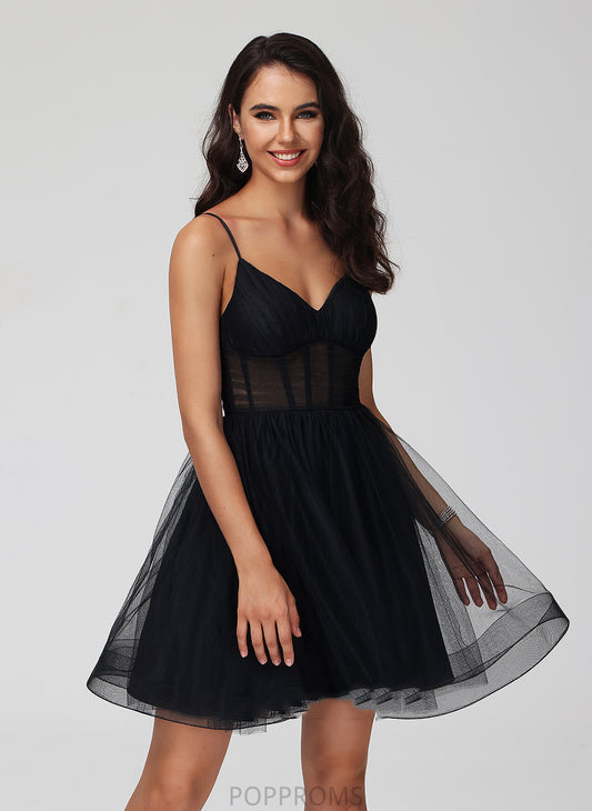 Homecoming Dress V-neck With Tulle Short/Mini Sanaa Homecoming Dresses Pleated A-Line