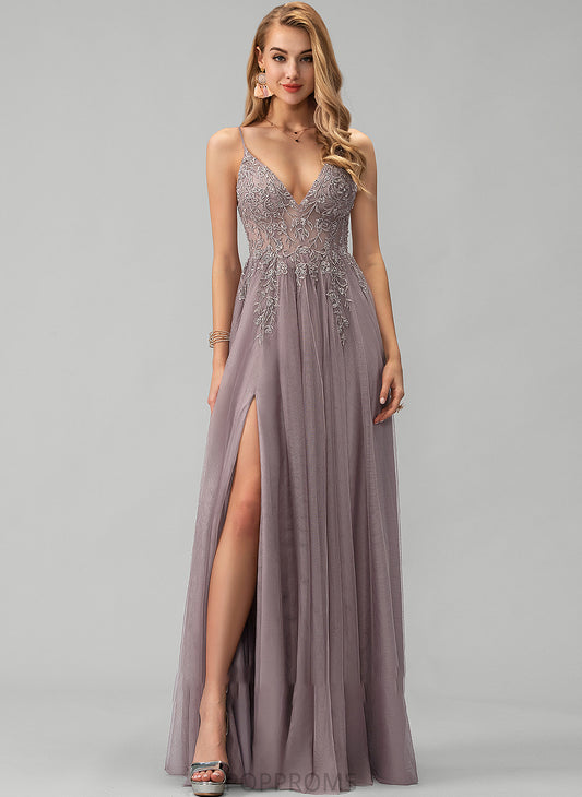 Lace Ball-Gown/Princess Beading Sequins Prom Dresses V-neck Floor-Length Front Split Tulle With Gabriela