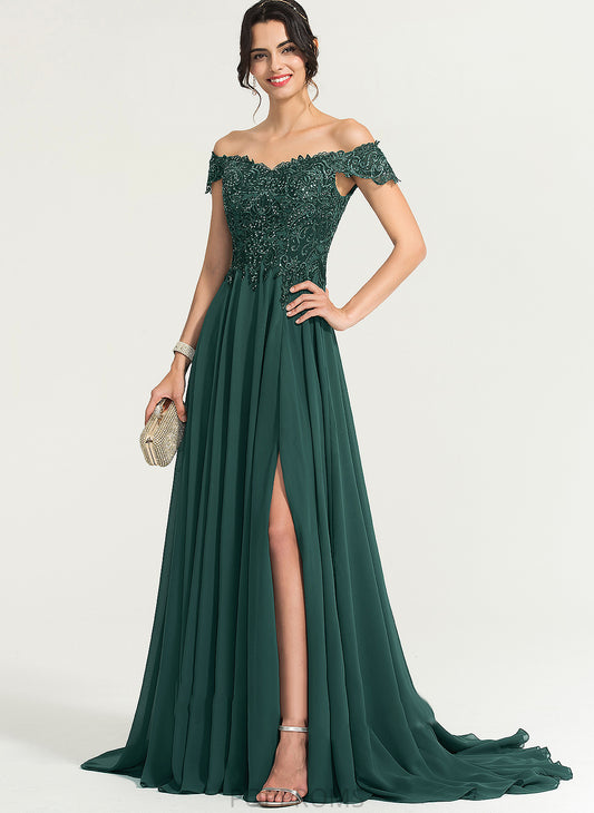 Sweep Front Train A-Line Kyla Prom Dresses With Chiffon Split Off-the-Shoulder Sequins