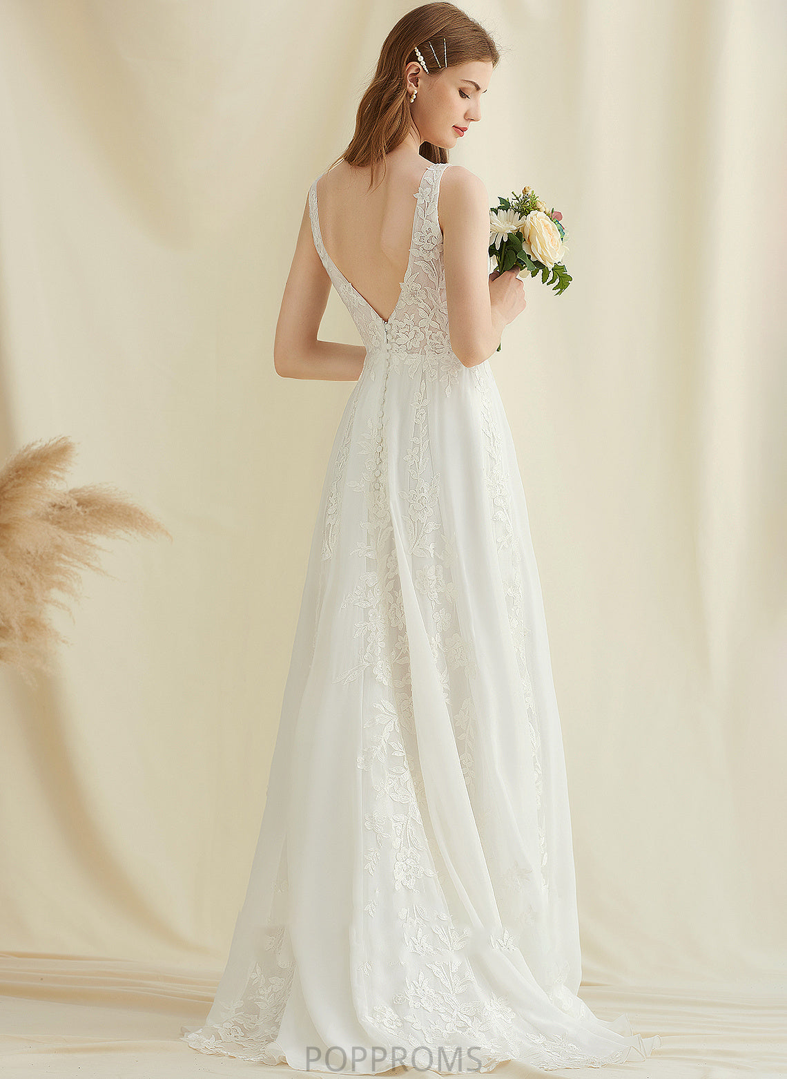 Wedding Lace V-neck With Sweep Dress Chiffon Wedding Dresses A-Line Sequins Jazmin Train