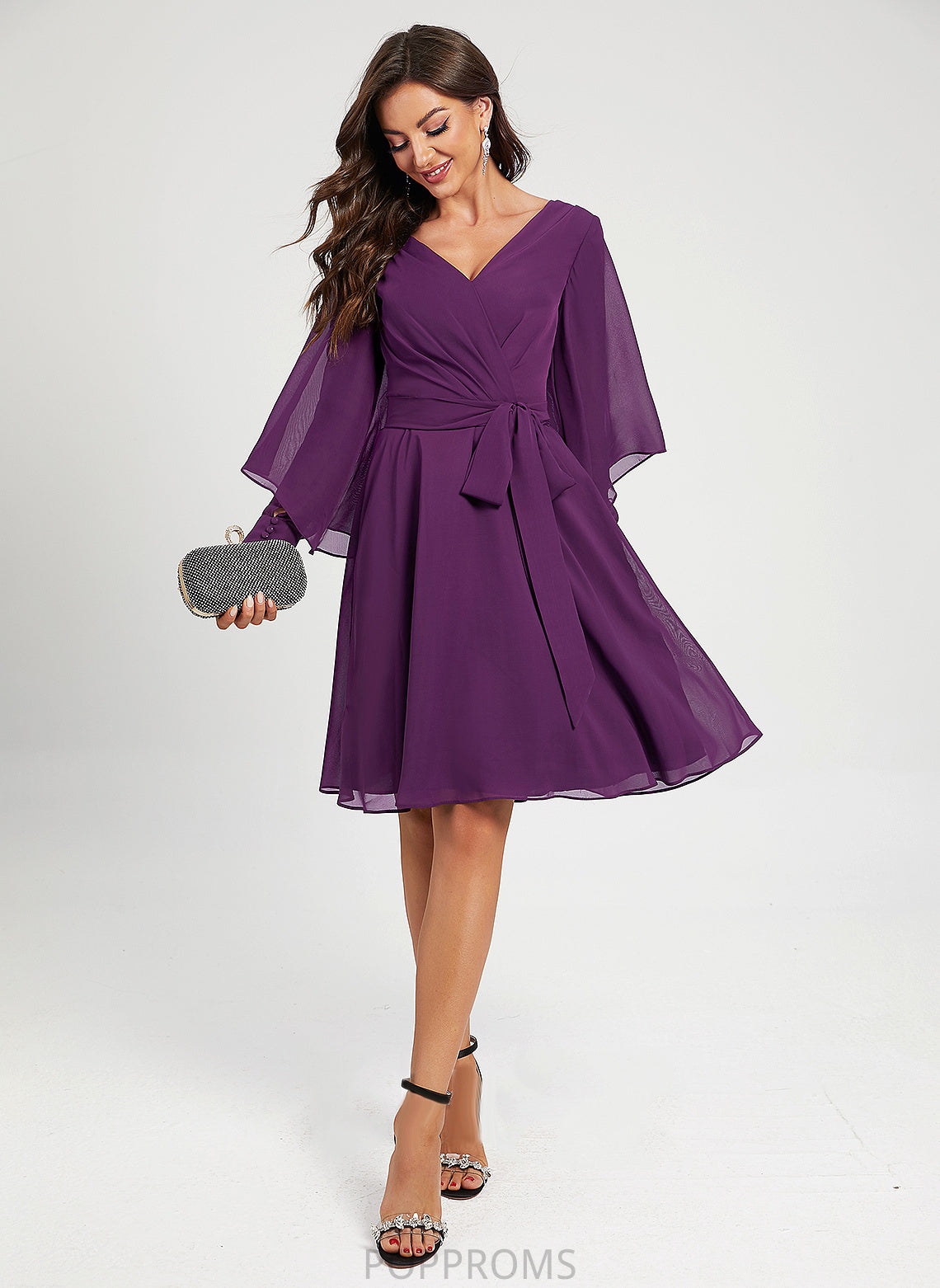 A-Line Dress V-neck Madalyn Pleated Cocktail Dresses Sash Chiffon Knee-Length With Cocktail