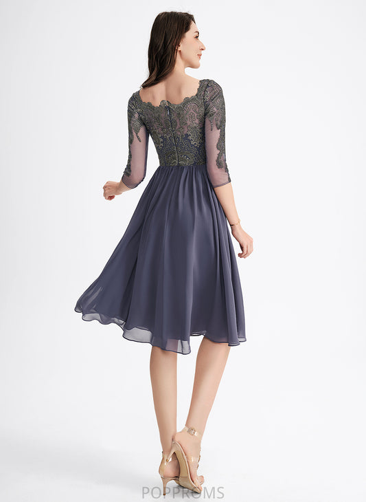 With Chiffon Crystal A-Line Neckline Cocktail Dress Lace Lace Square Cocktail Dresses Knee-Length