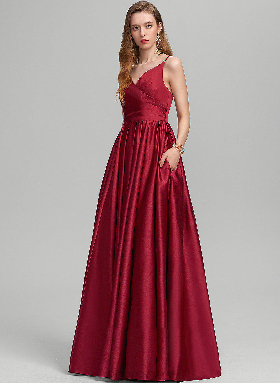 With Pockets Satin A-Line Essence Prom Dresses Ruffle V-neck Floor-Length