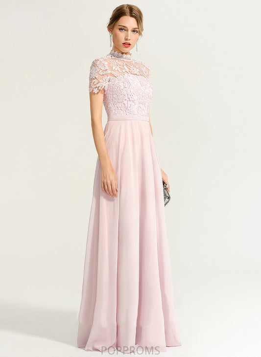 Floor-Length Nola Chiffon A-Line High With Lace Neck Sequins Prom Dresses