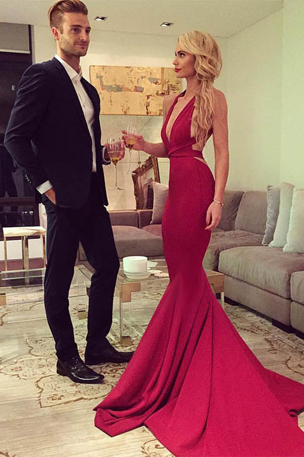 Red Trumpet Court Train Deep V Neck Sleeveless Backless Prom Dresses