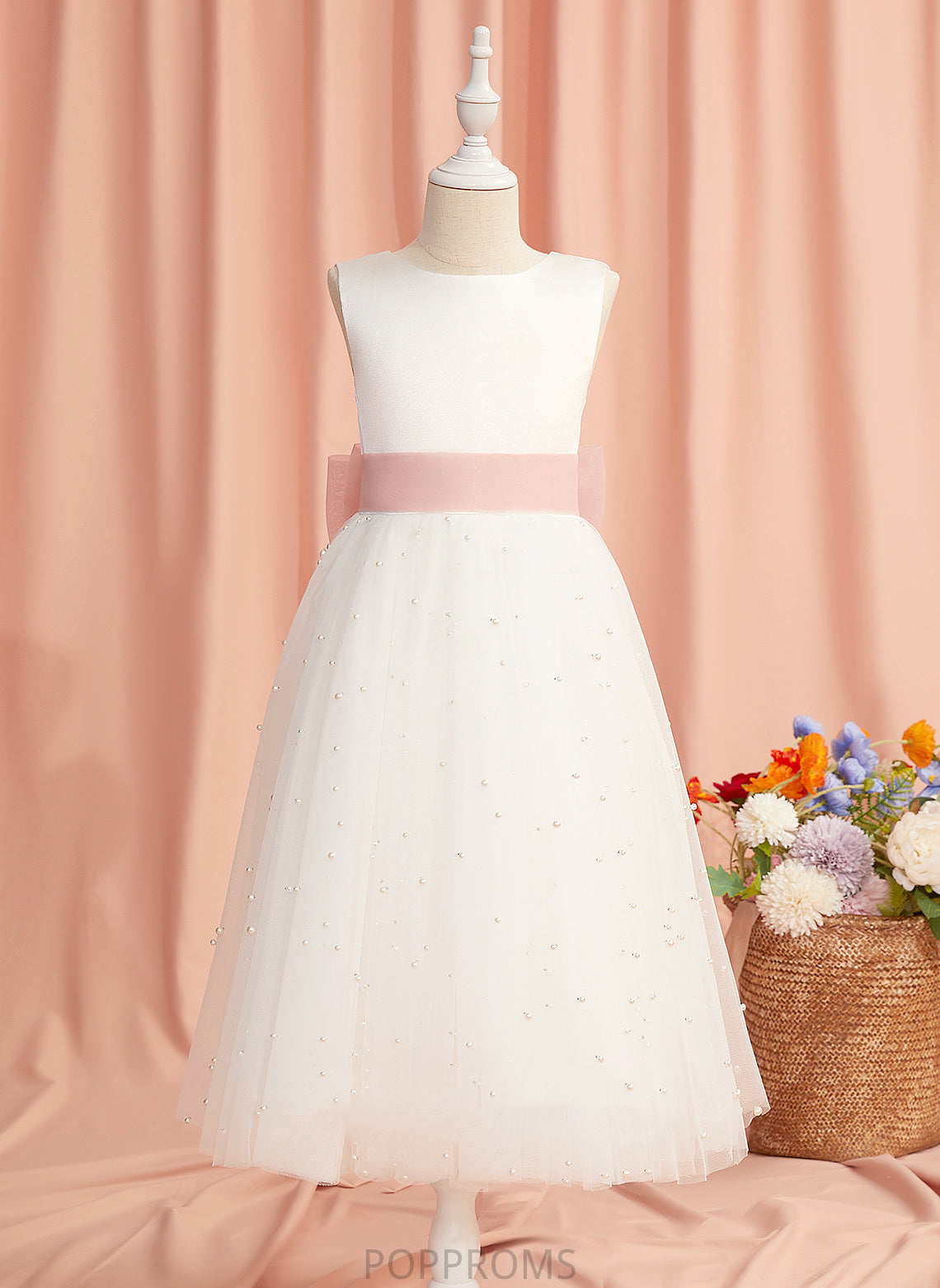 A-Line Sleeveless Girl Dress Neck Flower Girl Dresses Meg Scoop - Back With Sash/Bow(s)/V Tea-length Flower Satin/Tulle