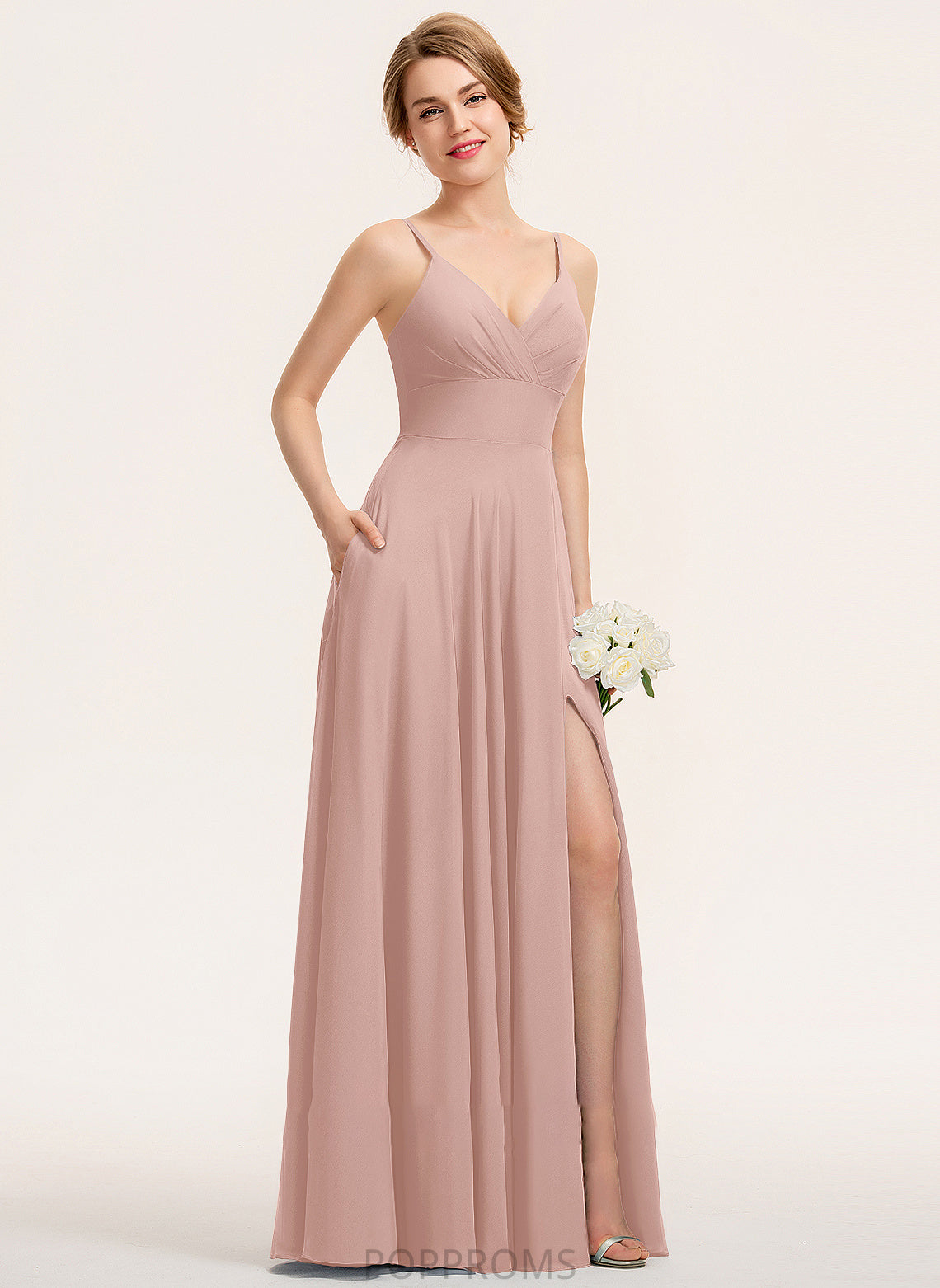 V-neck A-Line With Ruffle Pockets Chiffon Philippa Prom Dresses Floor-Length