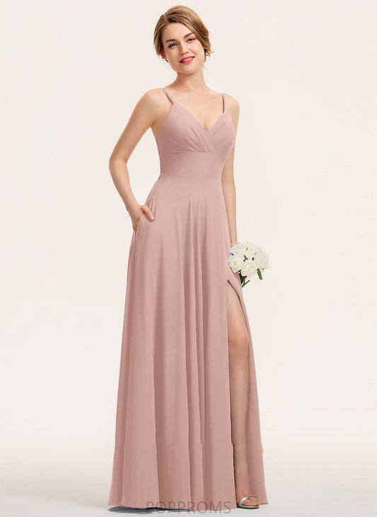 V-neck A-Line With Ruffle Pockets Chiffon Philippa Prom Dresses Floor-Length