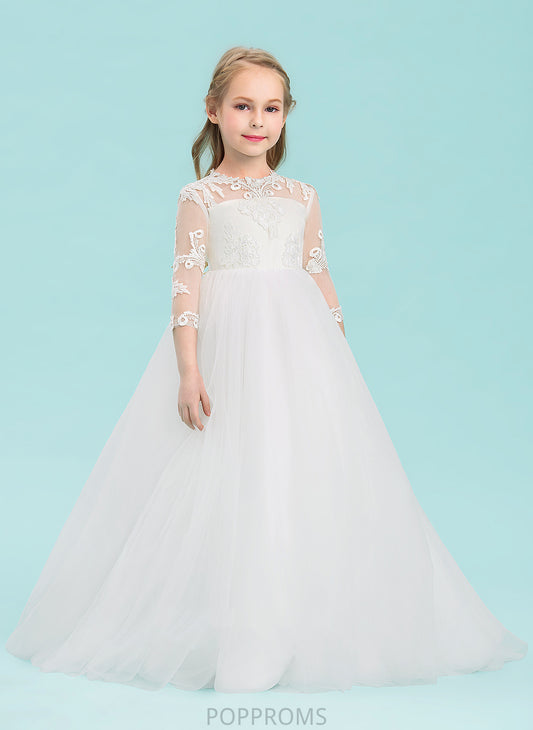 Floor-length - Flower Tulle 3/4 Ball-Gown/Princess Dress Girl Neck Sleeves Flower Girl Dresses Scoop Charlotte