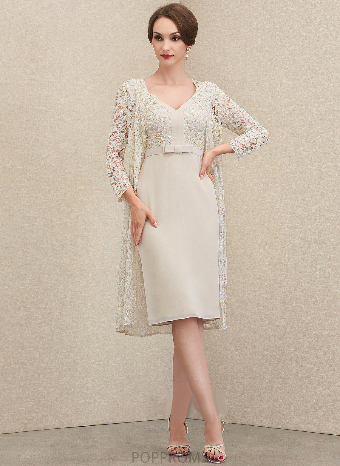 Mimi Dress Bow(s) Chiffon Mother of the Bride Dresses Mother the V-neck of Lace With Bride Knee-Length Sheath/Column