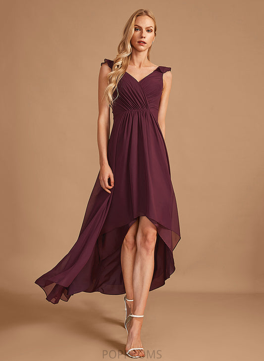 Ruffle Fabric Asymmetrical Length Embellishment V-neck Neckline A-Line Silhouette Polly Floor Length Spaghetti Staps Bridesmaid Dresses