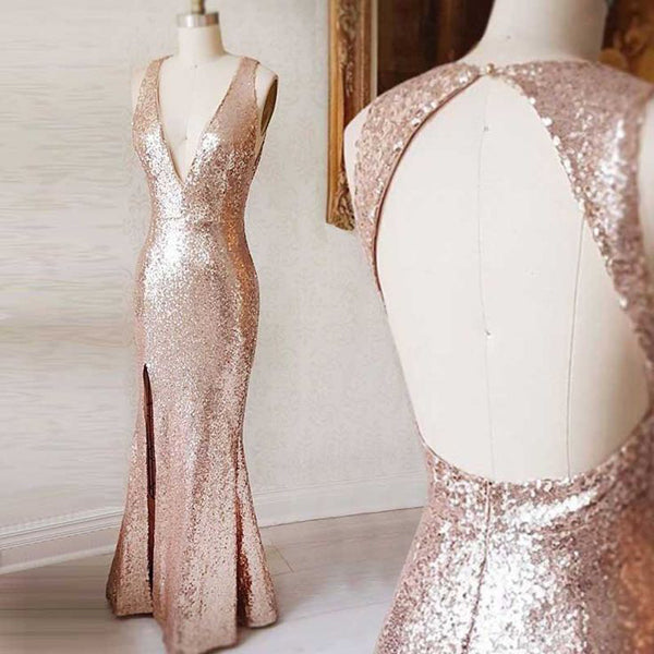 Pretty Sheath Floor Length Deep V Neck Sleeveless Open Back Sparkly Prom Dresses