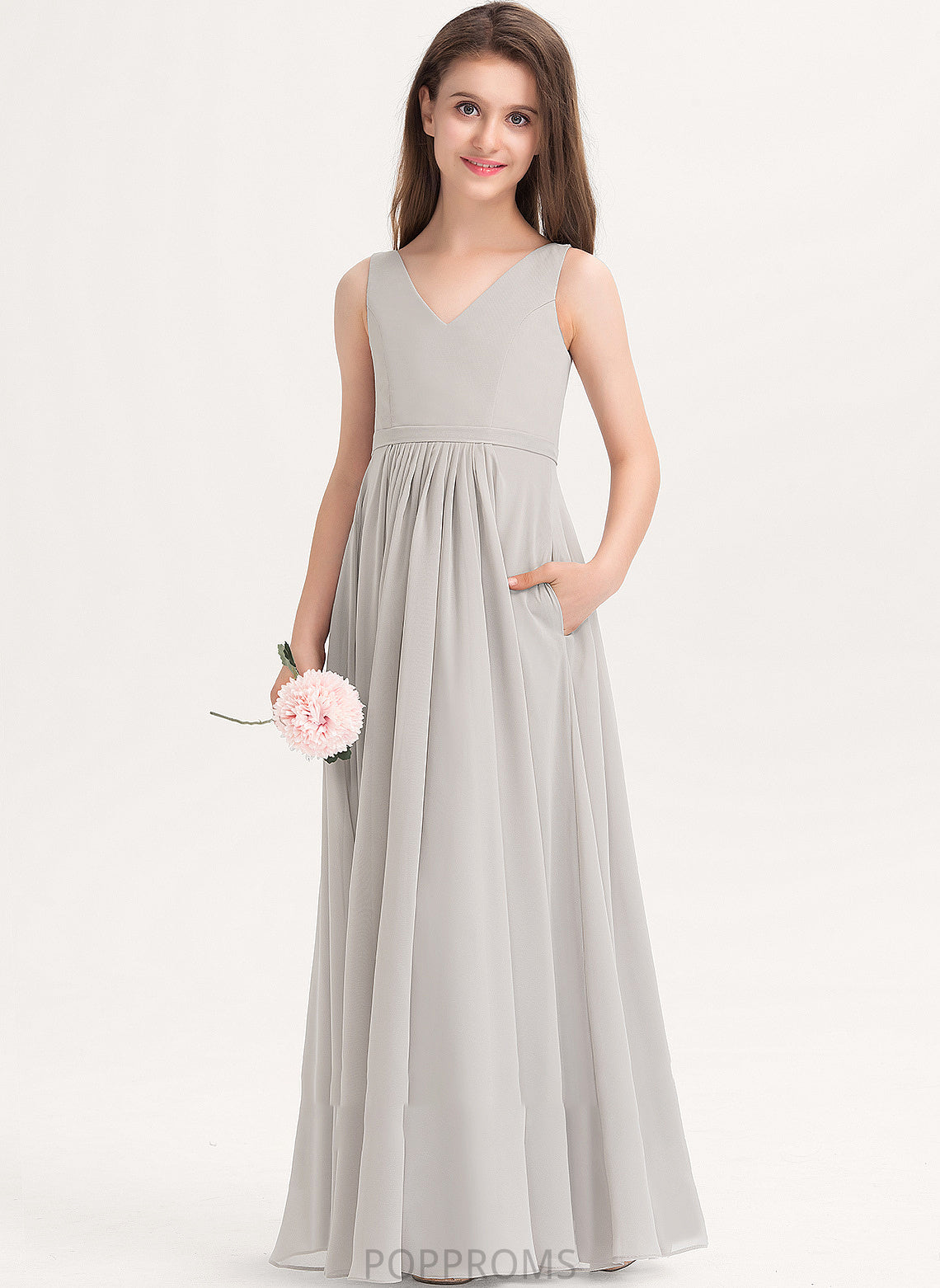 With V-neck Chiffon Lilith A-Line Floor-Length Pockets Junior Bridesmaid Dresses