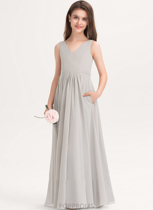 With V-neck Chiffon Lilith A-Line Floor-Length Pockets Junior Bridesmaid Dresses