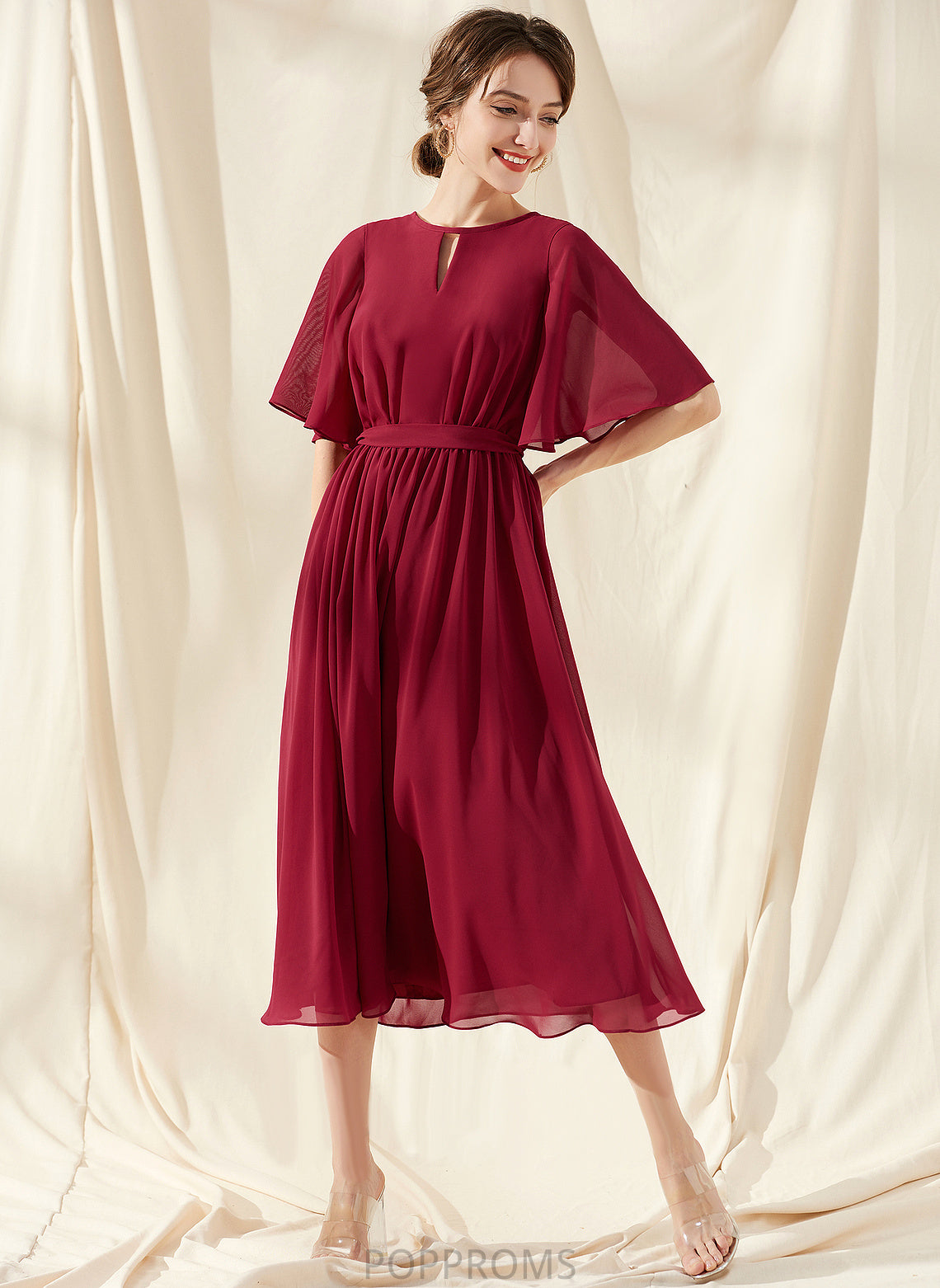 Chiffon Scoop Dress Cocktail Dresses With Ruffle Tea-Length Bow(s) Cocktail A-Line Neck Karen