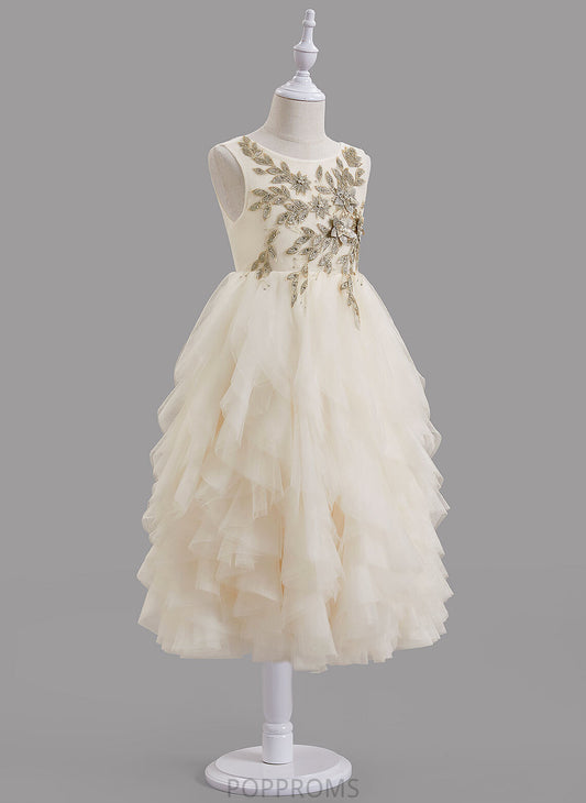 Bailee Scoop A-Line Back Dress Beading/V Girl Tulle/Lace Flower Girl Dresses - Flower Sleeveless With Tea-length Neck