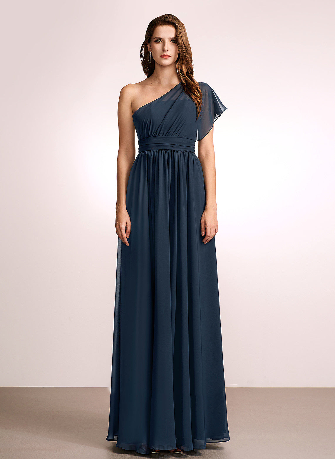 Ruffle Silhouette Length A-Line Embellishment One-Shoulder Fabric Neckline Floor-Length Mary Sleeveless Straps Bridesmaid Dresses