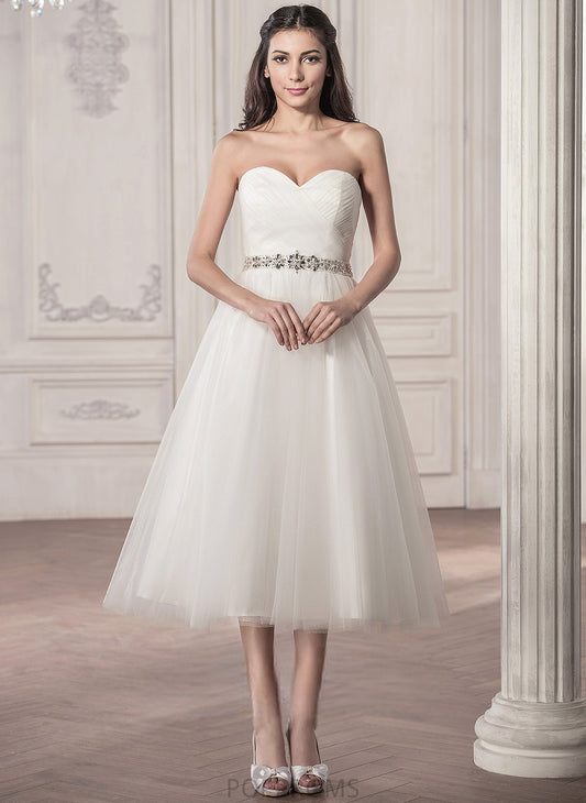 With Sequins Tulle Wedding Wedding Dresses Sweetheart Ruffle Tea-Length Dress Satin A-Line Abbigail Beading