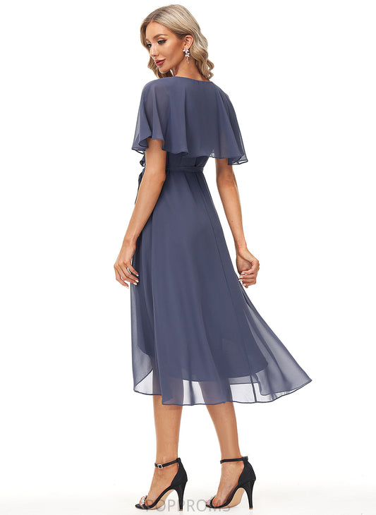 Mireya V-neck Cocktail Dresses Front A-Line Sash Chiffon With Dress Tea-Length Split Cocktail