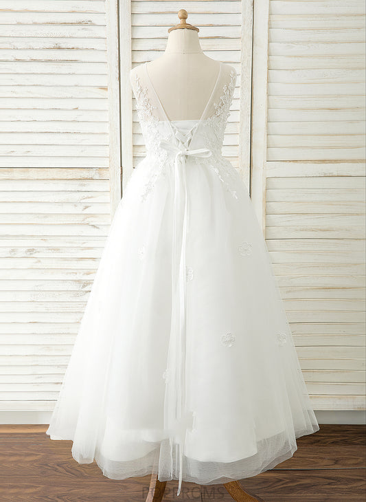 Monica Flower Girl Dresses Flower Scoop A-Line Girl Floor-length Dress Tulle/Lace Sleeveless - Neck