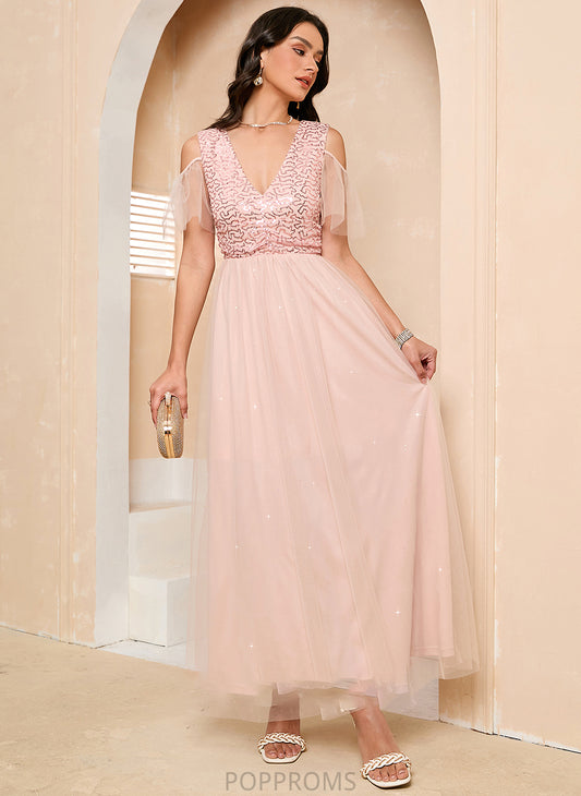 Tulle Neckline Length Silhouette A-Line V-neck Straps Ankle-Length Fabric Lesley Knee Length A-Line/Princess Bridesmaid Dresses