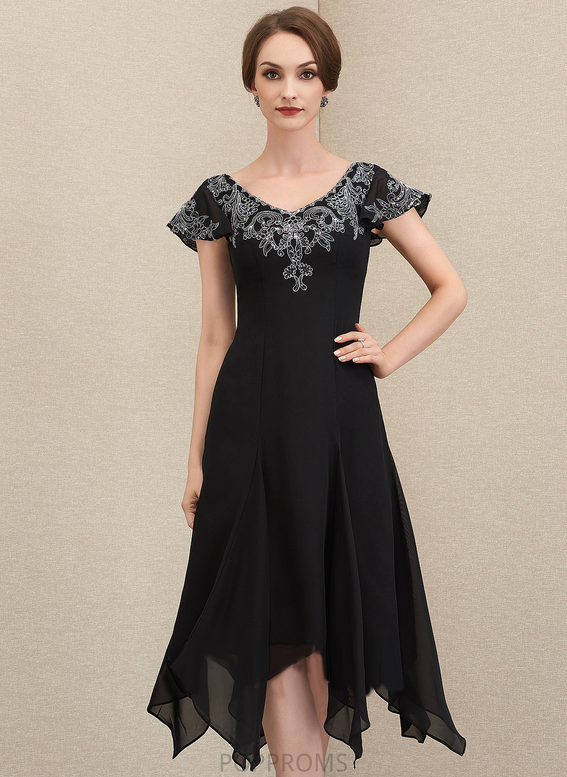 Dress Mother of the Bride Dresses A-Line Chiffon Bride Lace the With of V-neck Tea-Length Sequins Mother Katrina