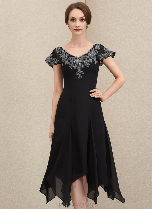 Dress Mother of the Bride Dresses A-Line Chiffon Bride Lace the With of V-neck Tea-Length Sequins Mother Katrina