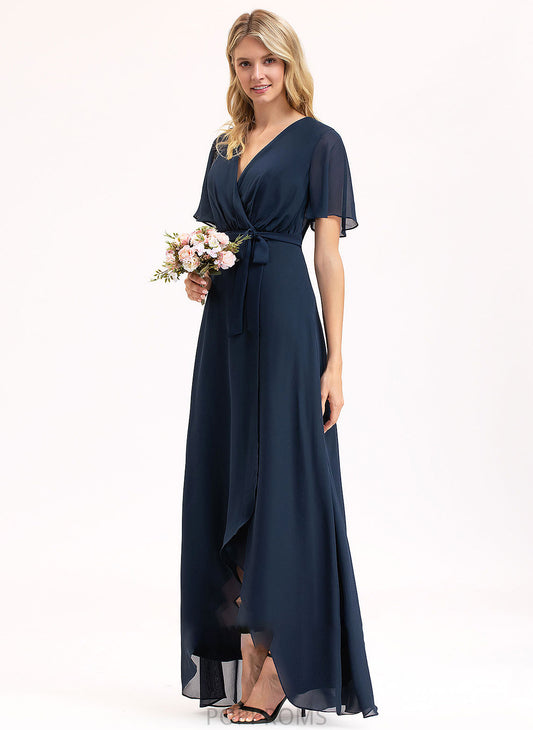 Silhouette Length Neckline Bow(s) V-neck A-Line Embellishment Asymmetrical Fabric Saniya Sleeveless Floor Length Bridesmaid Dresses