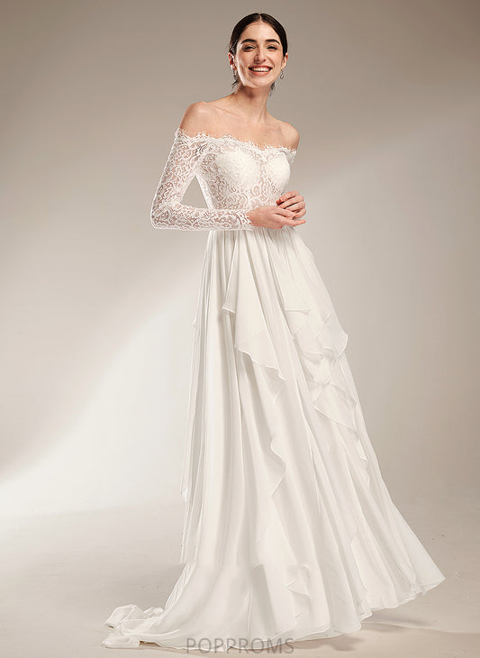 With Court Train A-Line Wedding Off-the-Shoulder Ruffle Wedding Dresses Jaylene Dress