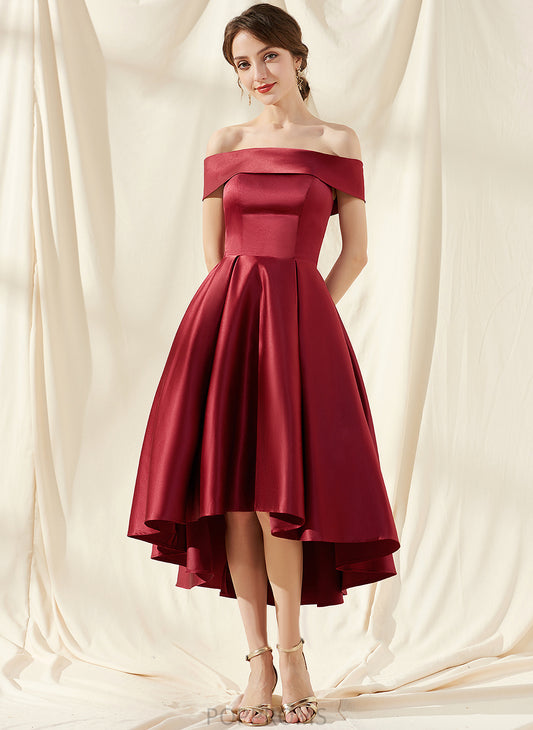 Cocktail Dresses A-Line Asymmetrical With Cocktail Pockets Dress Off-the-Shoulder Satin Elisa