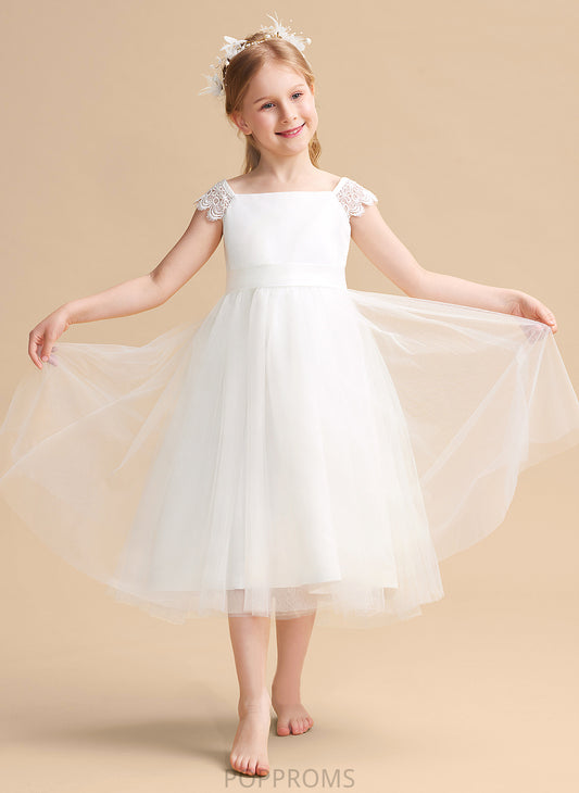 With Satin/Tulle Dress Flower Lace/Sash - Square Neckline Flower Girl Dresses Girl Tea-length A-Line Ellen Sleeveless