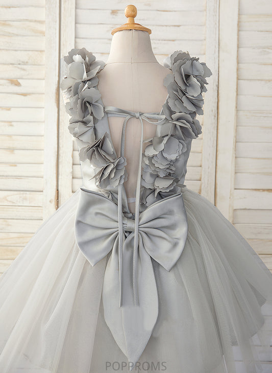 Neck Satin/Tulle Knee-length Bow(s) Scoop Flower Girl Dresses Dress Flower - Girl Desirae A-Line With Sleeveless